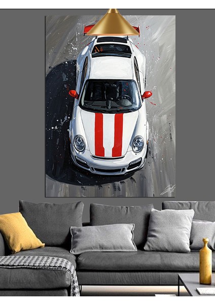 Beyaz Spor Araba Kuş Bakışı Görünümü Dekoratif Kanvas - Mdf Ahşap Tablo modelleri