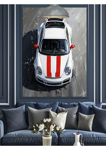 Beyaz Spor Araba Kuş Bakışı Görünümü Dekoratif Kanvas - Mdf Ahşap Tablo fırsatları
