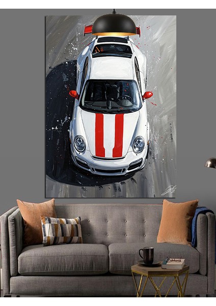 Beyaz Spor Araba Kuş Bakışı Görünümü Dekoratif Kanvas - Mdf Ahşap Tablo indirimleri