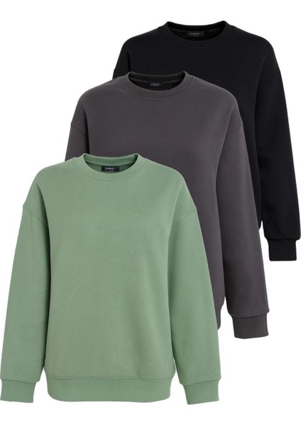 Mint Yeşili/füme/siyah Bisiklet Yaka Basic 3'lü Paket Sweatshirt MG2595