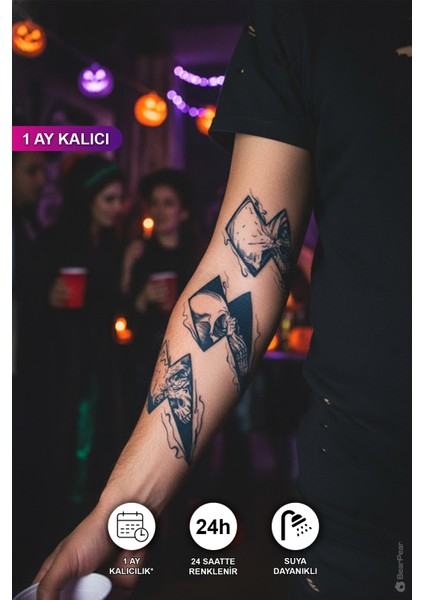 1 Ay Kalıcı 24 Saat Sonra Kararan Dövme Şimşek ve Kurukafa Dövmesi