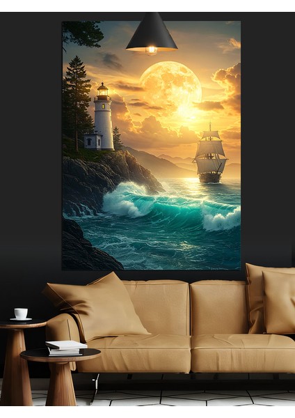 Deniz Feneri ve Gemi Dekoratif Kanvas - Mdf Ahşap Tablo