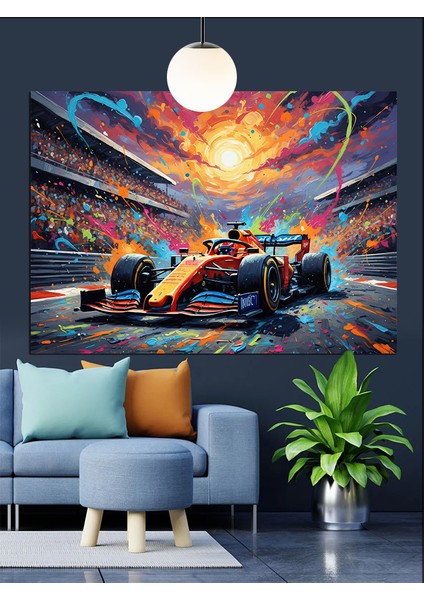 Hızlı Yarış Arabası Pistte Dekoratif Kanvas - Mdf Ahşap Tablo