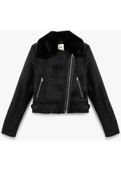Kruvaze Yaka Uzun Kollu Fermuarlı Cepli Suni Kürk Yaka Crop Suni Süet Ceket 6WAK20126EW fiyatları