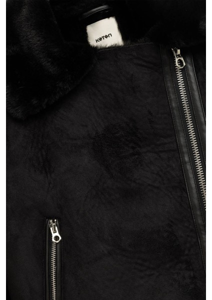 Kruvaze Yaka Uzun Kollu Fermuarlı Cepli Suni Kürk Yaka Crop Suni Süet Ceket 6WAK20126EW fırsatları