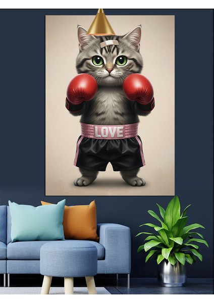 Boks Eldivenli Kızgın Bir Kedi Dekoratif Kanvas - Mdf Ahşap Tablo