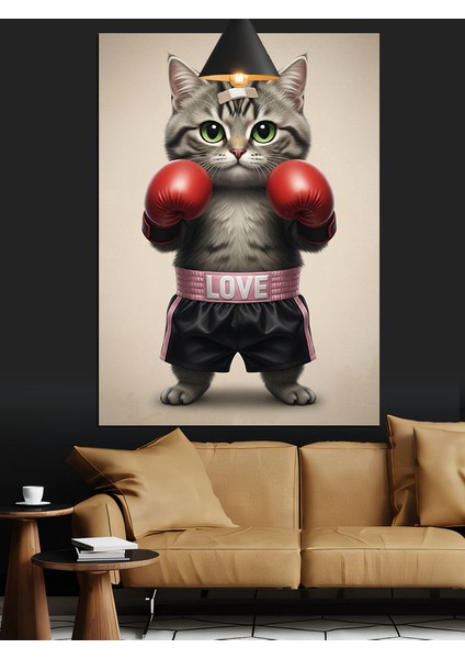 Boks Eldivenli Kızgın Bir Kedi Dekoratif Kanvas - Mdf Ahşap Tablo fiyatları