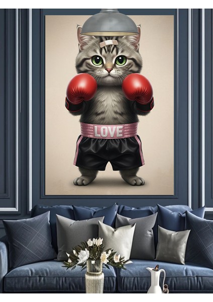 Boks Eldivenli Kızgın Bir Kedi Dekoratif Kanvas - Mdf Ahşap Tablo fırsatları