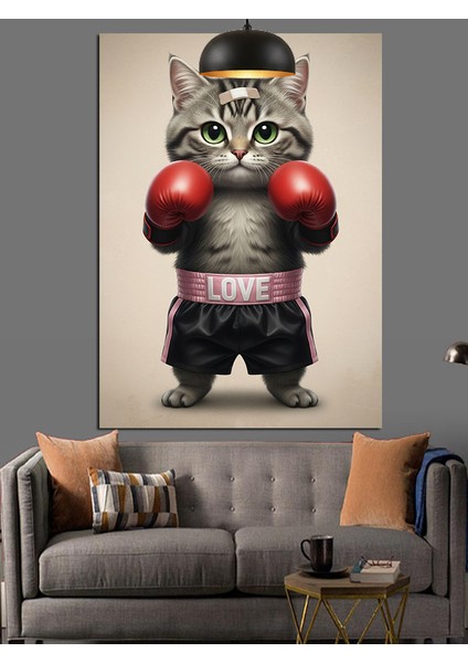 Boks Eldivenli Kızgın Bir Kedi Dekoratif Kanvas - Mdf Ahşap Tablo indirimleri