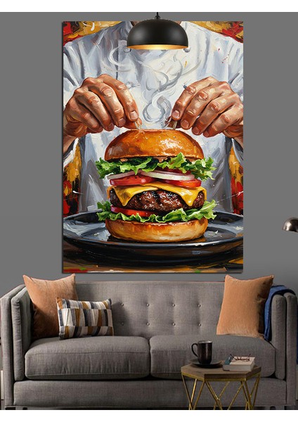 Burger Yapan Bir Adam Dekoratif Kanvas - Mdf Ahşap Tablo