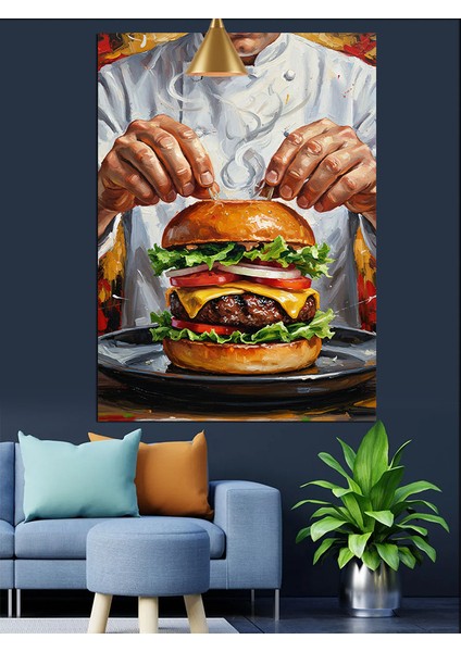 Burger Yapan Bir Adam Dekoratif Kanvas - Mdf Ahşap Tablo fiyatları