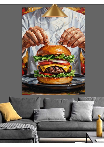 Burger Yapan Bir Adam Dekoratif Kanvas - Mdf Ahşap Tablo fırsatları