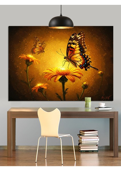 Uçan Kelebek Sarı Çiçekler Dekoratif Kanvas - Mdf Ahşap Tablo