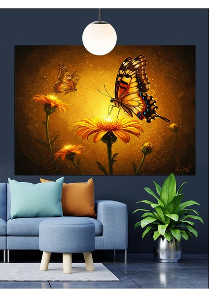 Uçan Kelebek Sarı Çiçekler Dekoratif Kanvas - Mdf Ahşap Tablo fiyatları