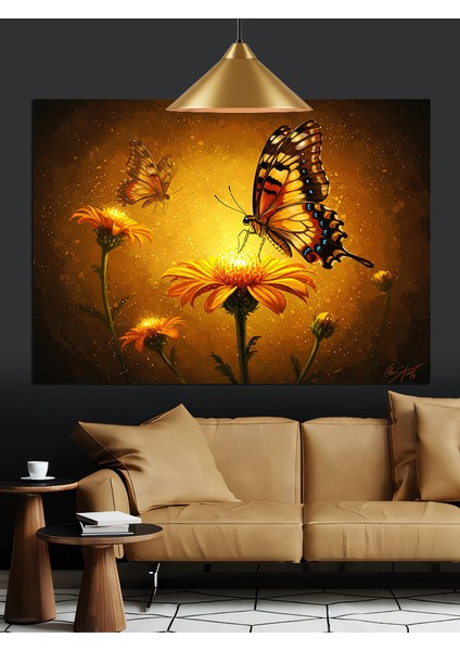 Uçan Kelebek Sarı Çiçekler Dekoratif Kanvas - Mdf Ahşap Tablo modelleri