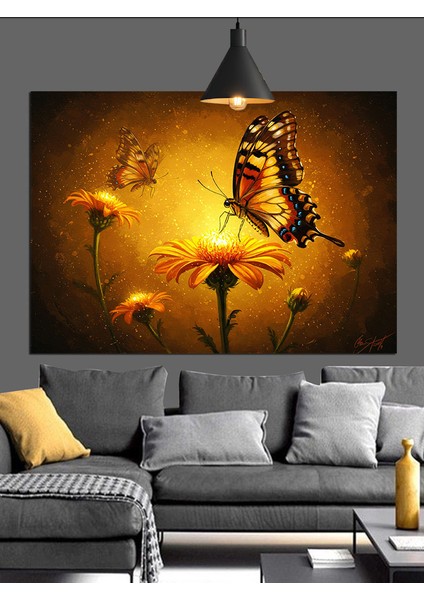 Uçan Kelebek Sarı Çiçekler Dekoratif Kanvas - Mdf Ahşap Tablo fırsatları
