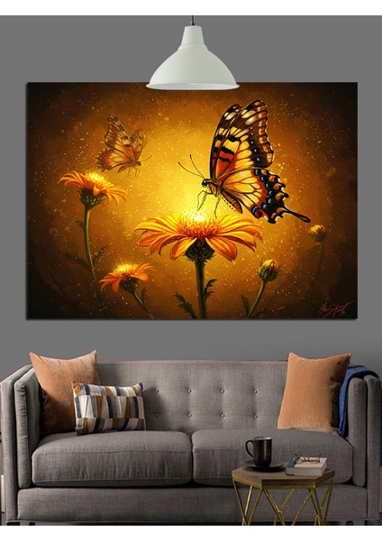 Uçan Kelebek Sarı Çiçekler Dekoratif Kanvas - Mdf Ahşap Tablo indirimleri