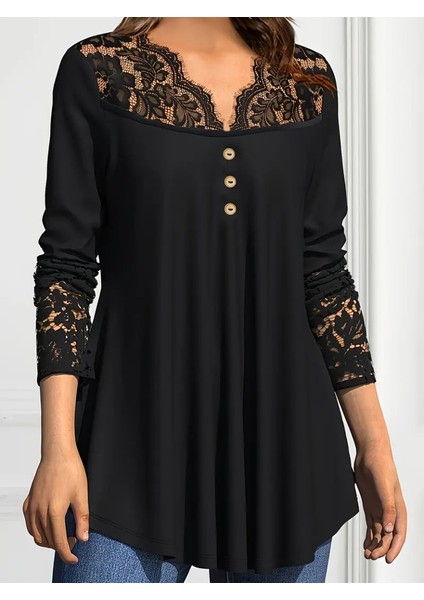 Büyük Beden Konfor Modeli Kadın Uzun Kollu V Yaka Viskon Bluz Rahat Kesim Dantel Detaylı Kışlık Bluz fırsatları
