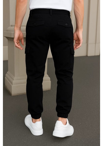 Erkek Günlük Trend Lastikli Siyah Taktik Kargo Pantolon