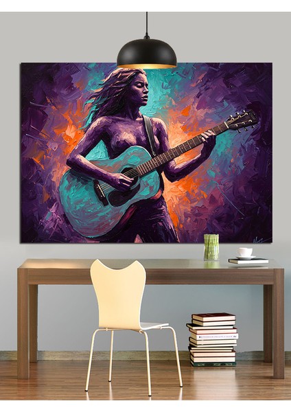 Mor Işıkta Gitar Çalan Kadın Dekoratif Kanvas - Mdf Ahşap Tablo