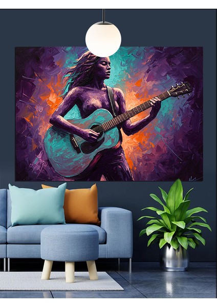 Mor Işıkta Gitar Çalan Kadın Dekoratif Kanvas - Mdf Ahşap Tablo fiyatları