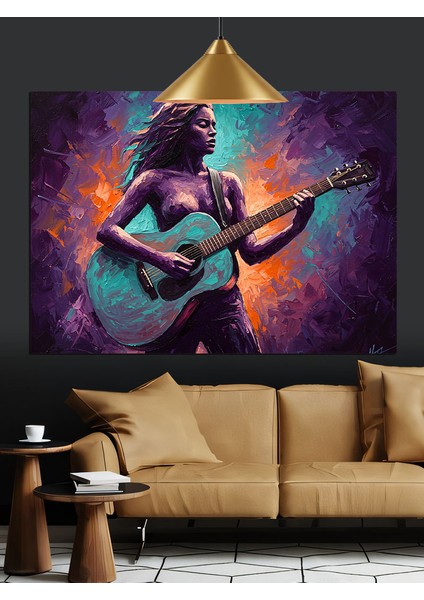 Mor Işıkta Gitar Çalan Kadın Dekoratif Kanvas - Mdf Ahşap Tablo modelleri