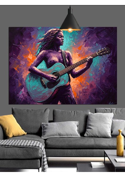 Mor Işıkta Gitar Çalan Kadın Dekoratif Kanvas - Mdf Ahşap Tablo fırsatları