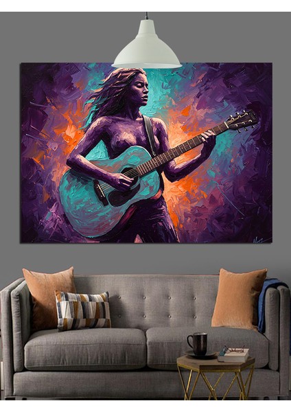 Mor Işıkta Gitar Çalan Kadın Dekoratif Kanvas - Mdf Ahşap Tablo indirimleri