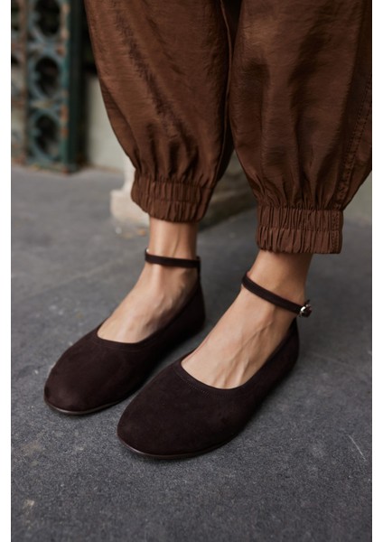 Silva Kadın Kahve Gercek Suet Atkı Detay Babet