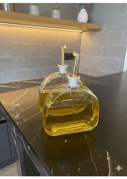 2'li Oval Cam Yağdanlık Gold Kapak Ayçiçek Yağı Zeytinyağı Sosluk Sirkelik