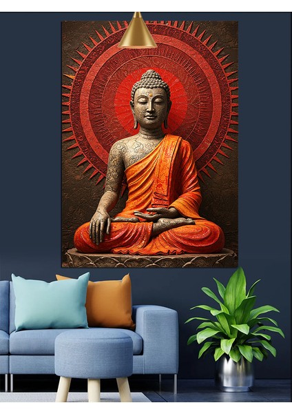 Oturan Buda Kırmızı Işık Altında Dekoratif Kanvas - Mdf Ahşap Tablo