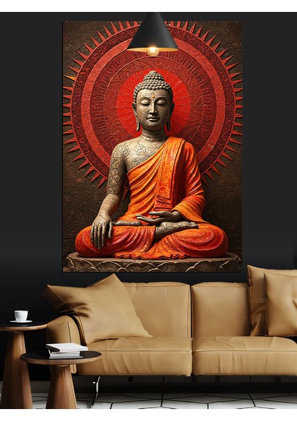 Oturan Buda Kırmızı Işık Altında Dekoratif Kanvas - Mdf Ahşap Tablo fiyatları
