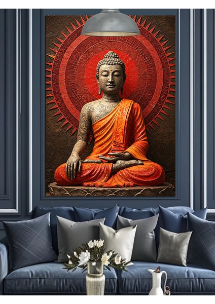 Oturan Buda Kırmızı Işık Altında Dekoratif Kanvas - Mdf Ahşap Tablo fırsatları