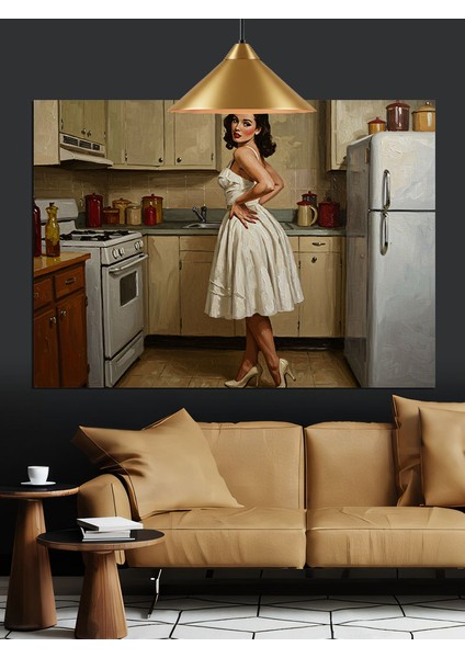 Mutfakta Retro Ev Hanımı Dekoratif Kanvas - Mdf Ahşap Tablo