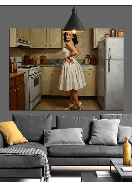 Mutfakta Retro Ev Hanımı Dekoratif Kanvas - Mdf Ahşap Tablo fiyatları