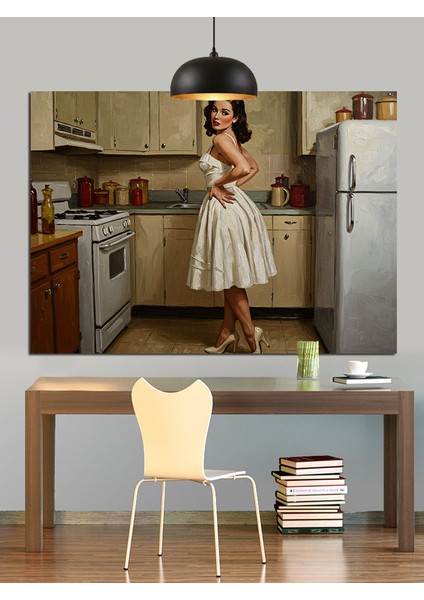 Mutfakta Retro Ev Hanımı Dekoratif Kanvas - Mdf Ahşap Tablo fırsatları