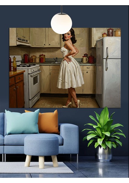 Mutfakta Retro Ev Hanımı Dekoratif Kanvas - Mdf Ahşap Tablo indirimleri