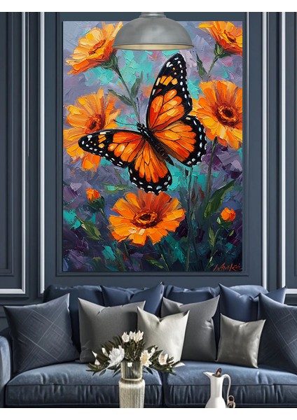 Turuncu Kelebeklerin Uçuştuğu Büyülü Dünya Dekoratif Kanvas - Mdf Ahşap Tablo