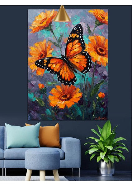 Turuncu Kelebeklerin Uçuştuğu Büyülü Dünya Dekoratif Kanvas - Mdf Ahşap Tablo modelleri