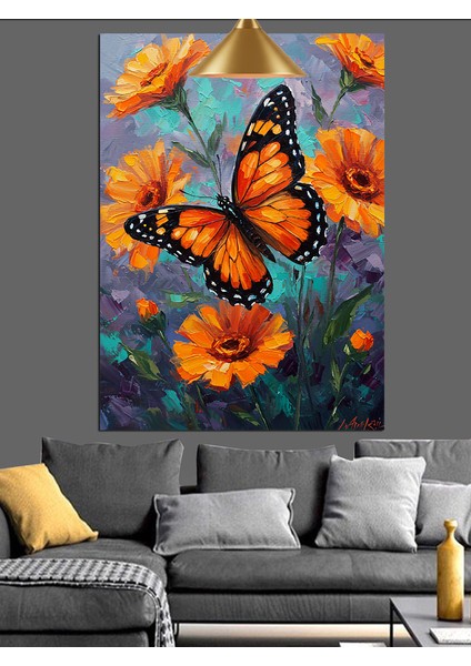 Turuncu Kelebeklerin Uçuştuğu Büyülü Dünya Dekoratif Kanvas - Mdf Ahşap Tablo indirimleri
