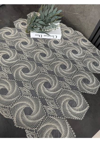 Dantelli Masa Örtüsü Fiskos Örtüsü Simli (Sütlü Kahve)