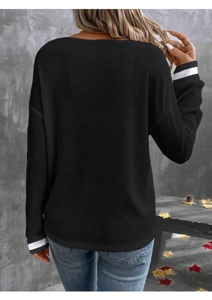 Kadın Uzun Kollu V Yaka Ribana Bluz | Çizgili Yaka ve Manşet Detaylı Basic Rahat Kalıp Triko Kazak fırsatları