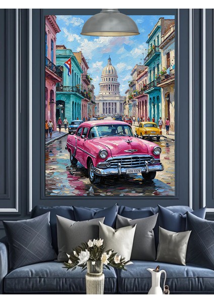Pembe Klasik Otomobil Sokak Manzarası Dekoratif Kanvas - Mdf Ahşap Tablo