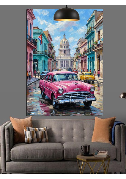 Pembe Klasik Otomobil Sokak Manzarası Dekoratif Kanvas - Mdf Ahşap Tablo fiyatları
