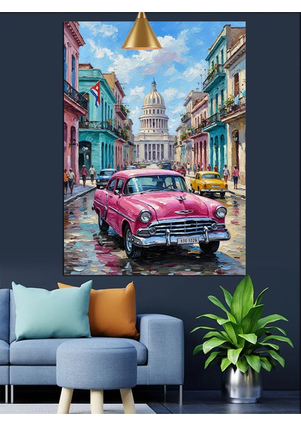 Pembe Klasik Otomobil Sokak Manzarası Dekoratif Kanvas - Mdf Ahşap Tablo modelleri