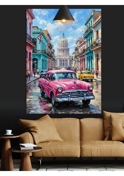 Pembe Klasik Otomobil Sokak Manzarası Dekoratif Kanvas - Mdf Ahşap Tablo fırsatları