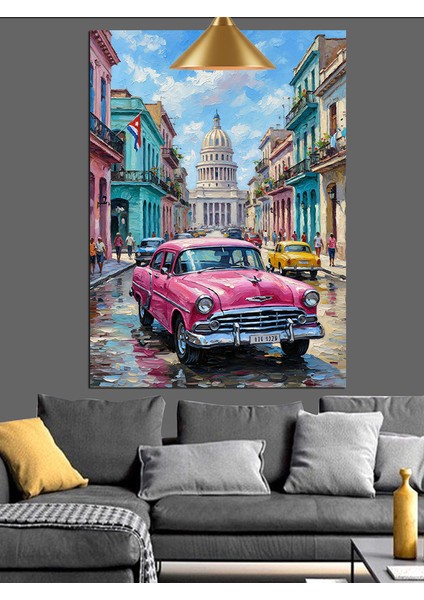 Pembe Klasik Otomobil Sokak Manzarası Dekoratif Kanvas - Mdf Ahşap Tablo indirimleri