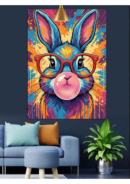 Canlı Renkli Parlayan Bir Tavşan Dekoratif Kanvas - Mdf Ahşap Tablo fırsatları
