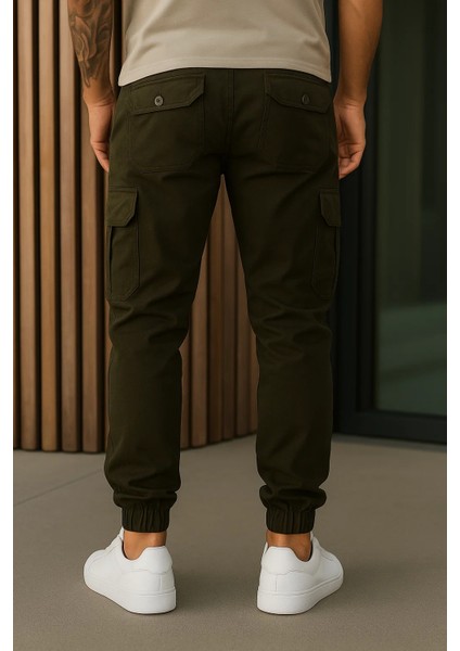 Erkek Yüksek Bel Lastikli Haki Taktik Kargo Pantolon
