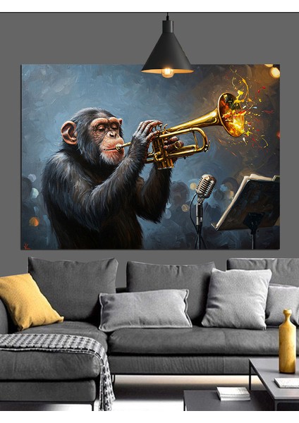 Trompet Çalan Caz Maymunu Dekoratif Kanvas - Mdf Ahşap Tablo